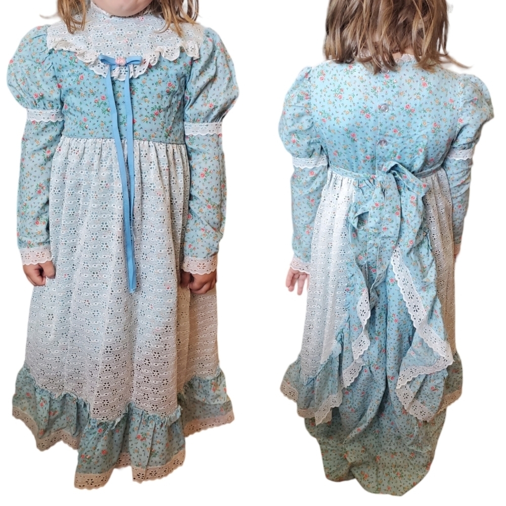 Vintage 70s Sz 6 Prairie‎ Apron Dress Maxi Blue Micro Floral Layered Tiered L/S